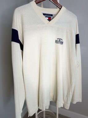 Tommy Hilfiger Cream Sweater with Navy Sleeve Stripes